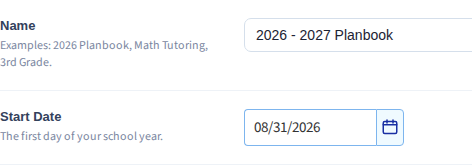 The planbook setup form — name, start and end dates, periods per day