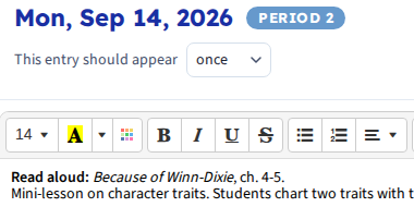 The lesson entry editor, with the formatting toolbar above the plan