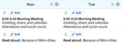 The week view, with a lesson plan written in every period