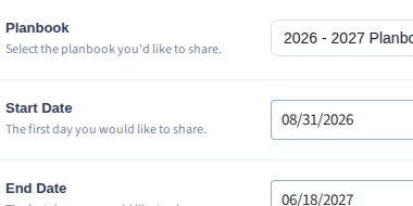 The share form — which planbook, which dates, who can see it